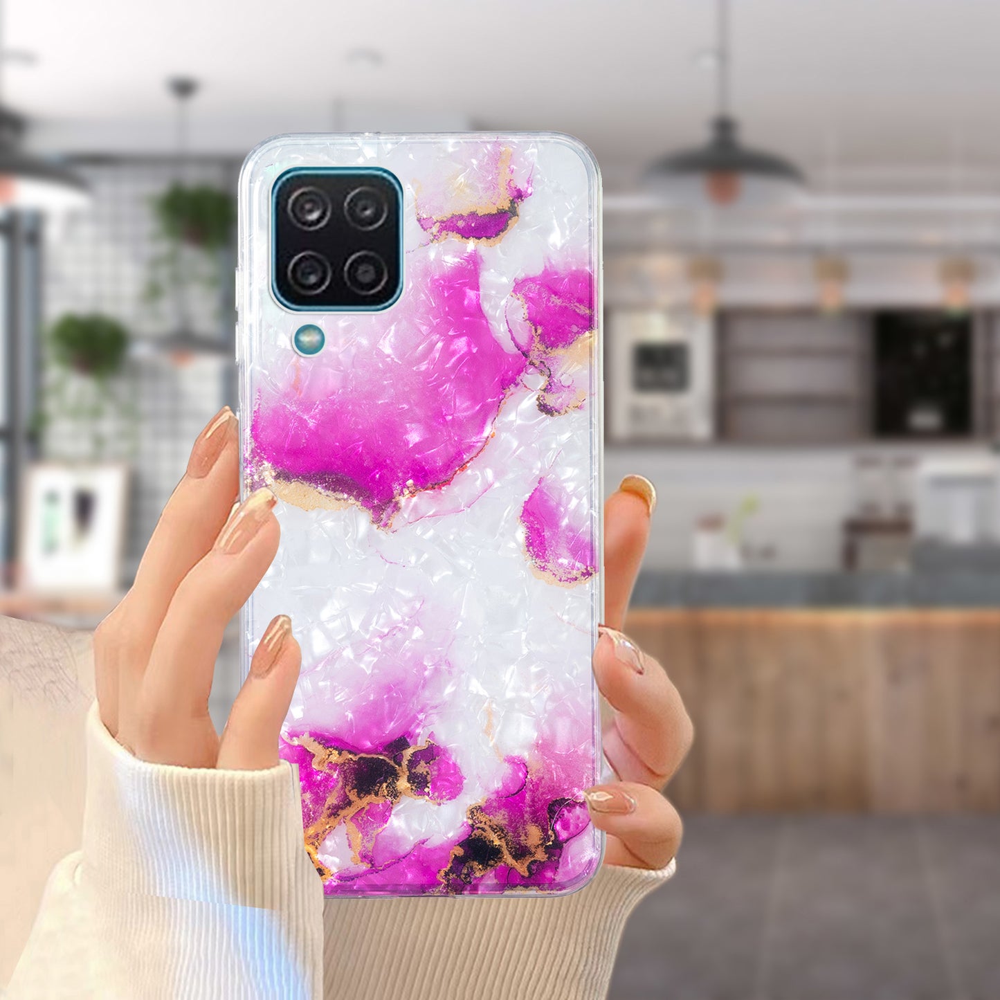 For Samsung Galaxy A12 IMD Design Soft TPU Phone Case Shell Pattern Marble Flower Cover