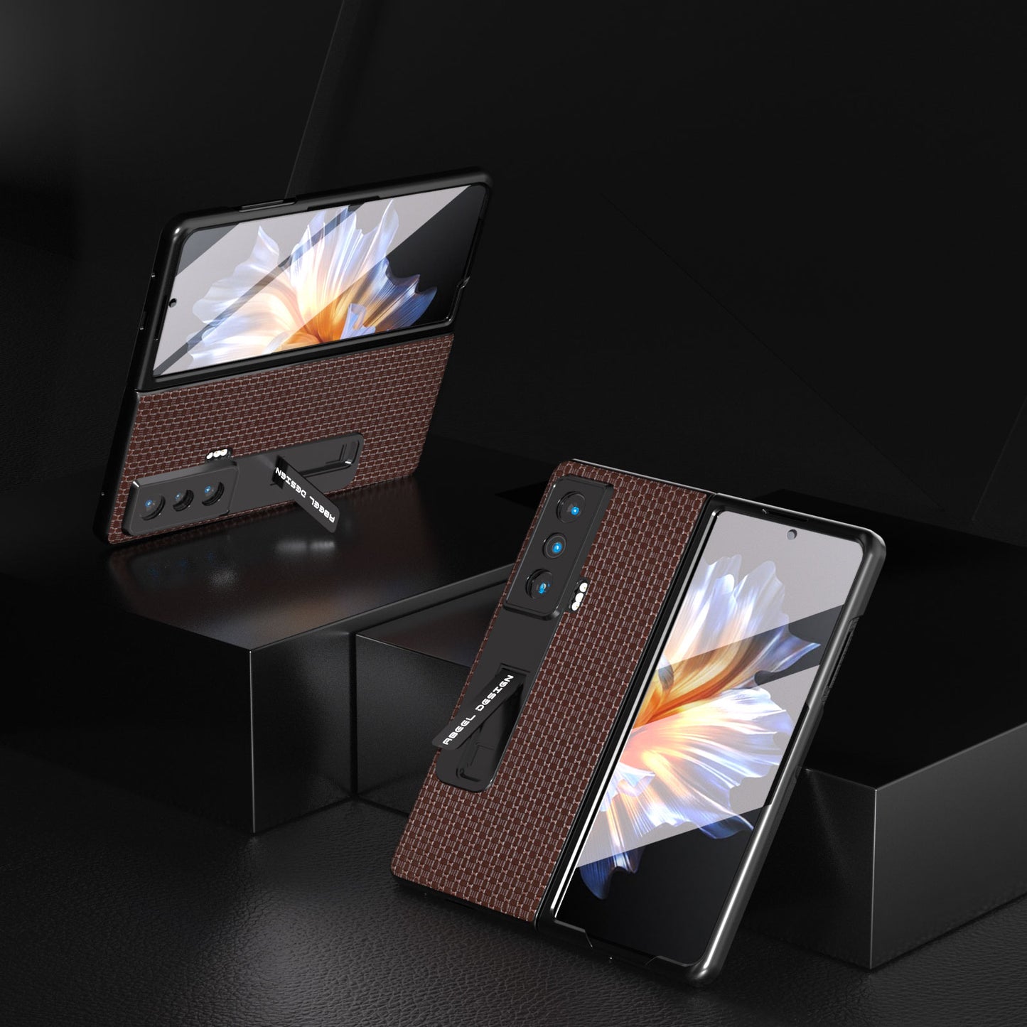 ABEEL For Honor Magic Vs 5G Shockproof Cover Cowhide Leather+PC Kickstand Phone Case with Tempered Glass Film