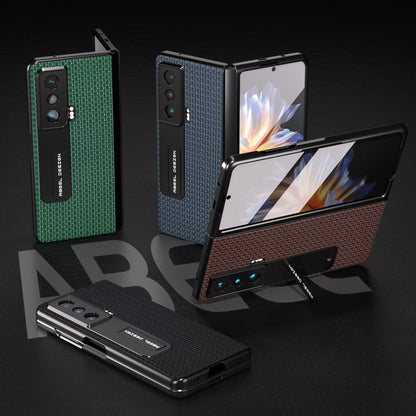 ABEEL For Honor Magic Vs 5G Shockproof Cover Cowhide Leather+PC Kickstand Phone Case with Tempered Glass Film