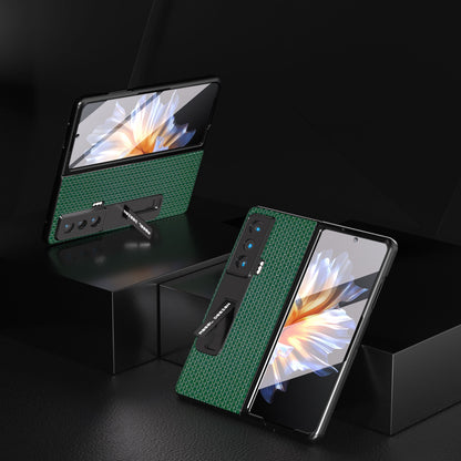 ABEEL For Honor Magic Vs 5G Shockproof Cover Cowhide Leather+PC Kickstand Phone Case with Tempered Glass Film