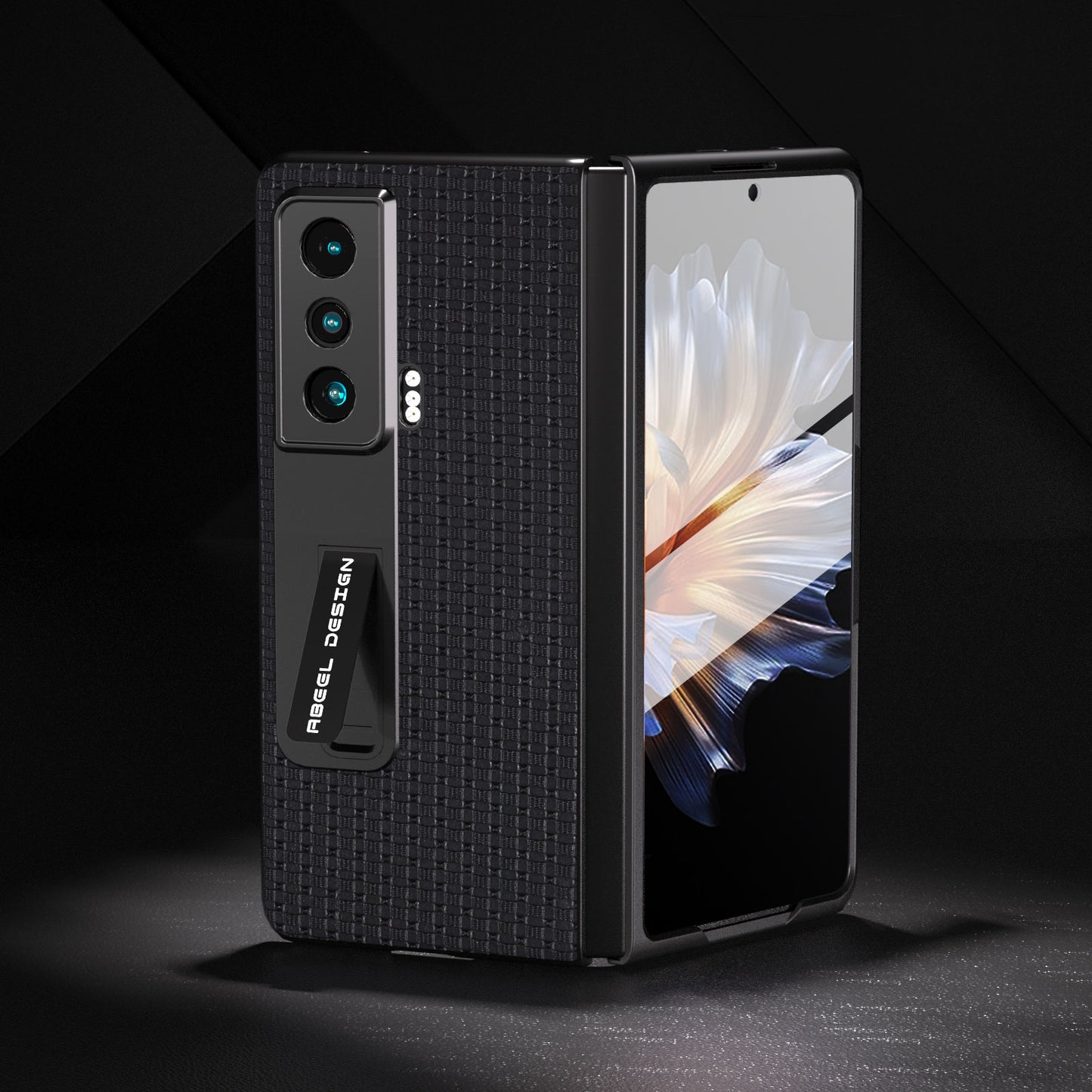 ABEEL For Honor Magic Vs 5G Shockproof Cover Cowhide Leather+PC Kickstand Phone Case with Tempered Glass Film