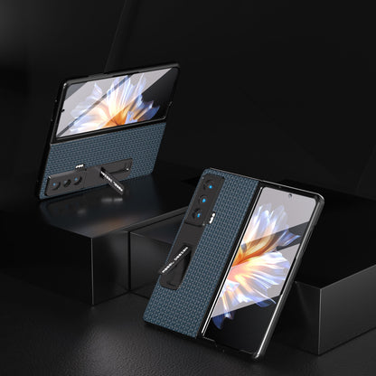 ABEEL For Honor Magic Vs 5G Shockproof Cover Cowhide Leather+PC Kickstand Phone Case with Tempered Glass Film