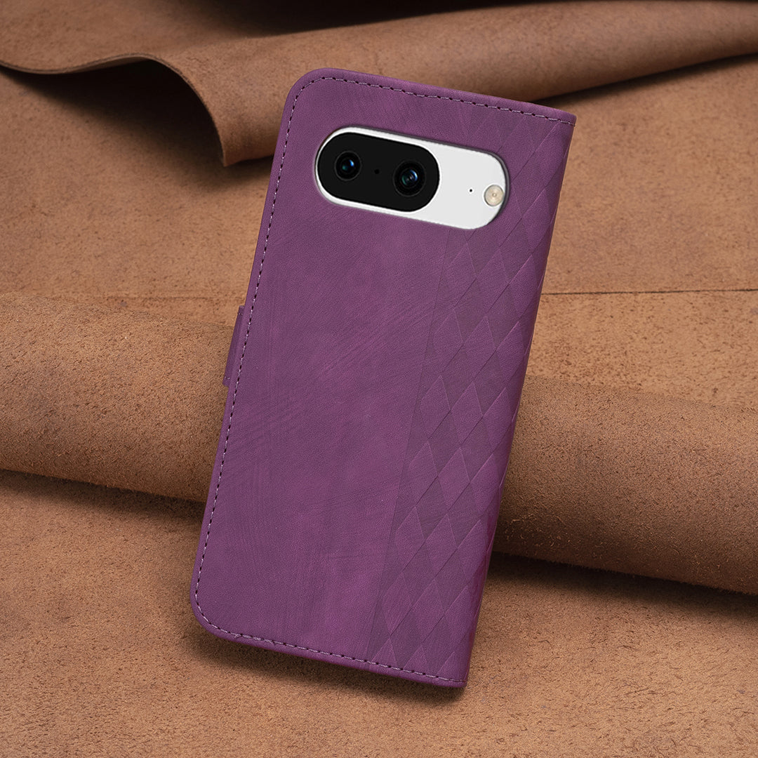 For Google Pixel 8 Anti-Drop PU Leather Cover Grid Pattern Imprinted Phone Case with Stand Wallet