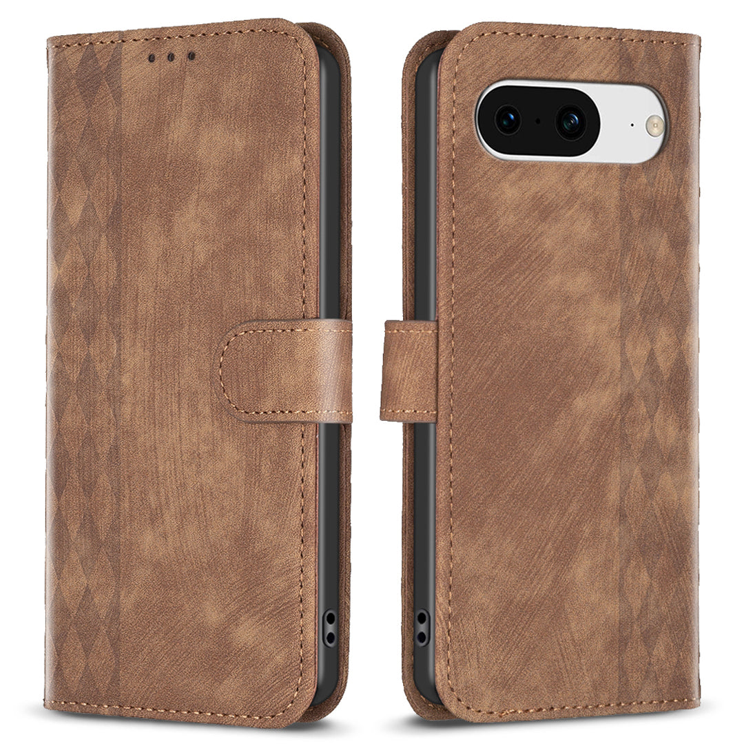 For Google Pixel 8 Anti-Drop PU Leather Cover Grid Pattern Imprinted Phone Case with Stand Wallet