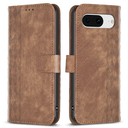 For Google Pixel 8 Anti-Drop PU Leather Cover Grid Pattern Imprinted Phone Case with Stand Wallet