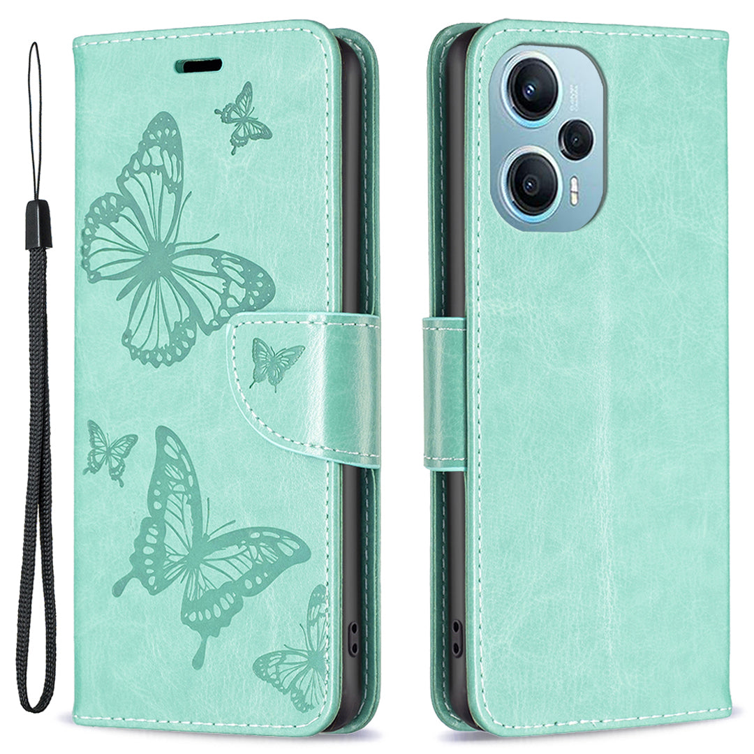 For Xiaomi Poco F5 5G / Redmi Note 12 Turbo Wallet Phone Case Butterfly Imprinted Leather Flip Cover with Strap