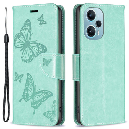 For Xiaomi Poco F5 5G / Redmi Note 12 Turbo Wallet Phone Case Butterfly Imprinted Leather Flip Cover with Strap
