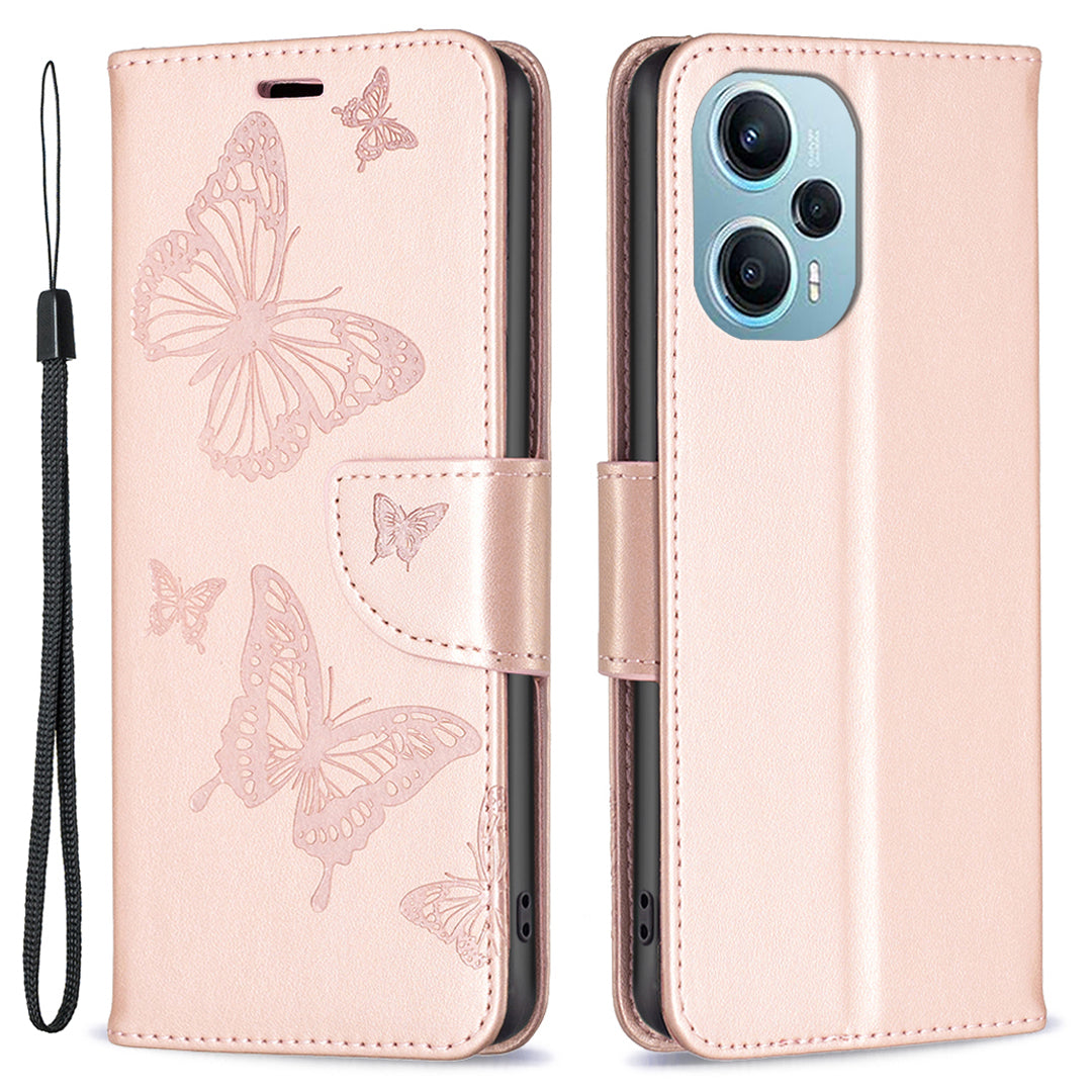 For Xiaomi Poco F5 5G / Redmi Note 12 Turbo Wallet Phone Case Butterfly Imprinted Leather Flip Cover with Strap