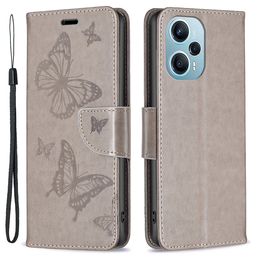 For Xiaomi Poco F5 5G / Redmi Note 12 Turbo Wallet Phone Case Butterfly Imprinted Leather Flip Cover with Strap