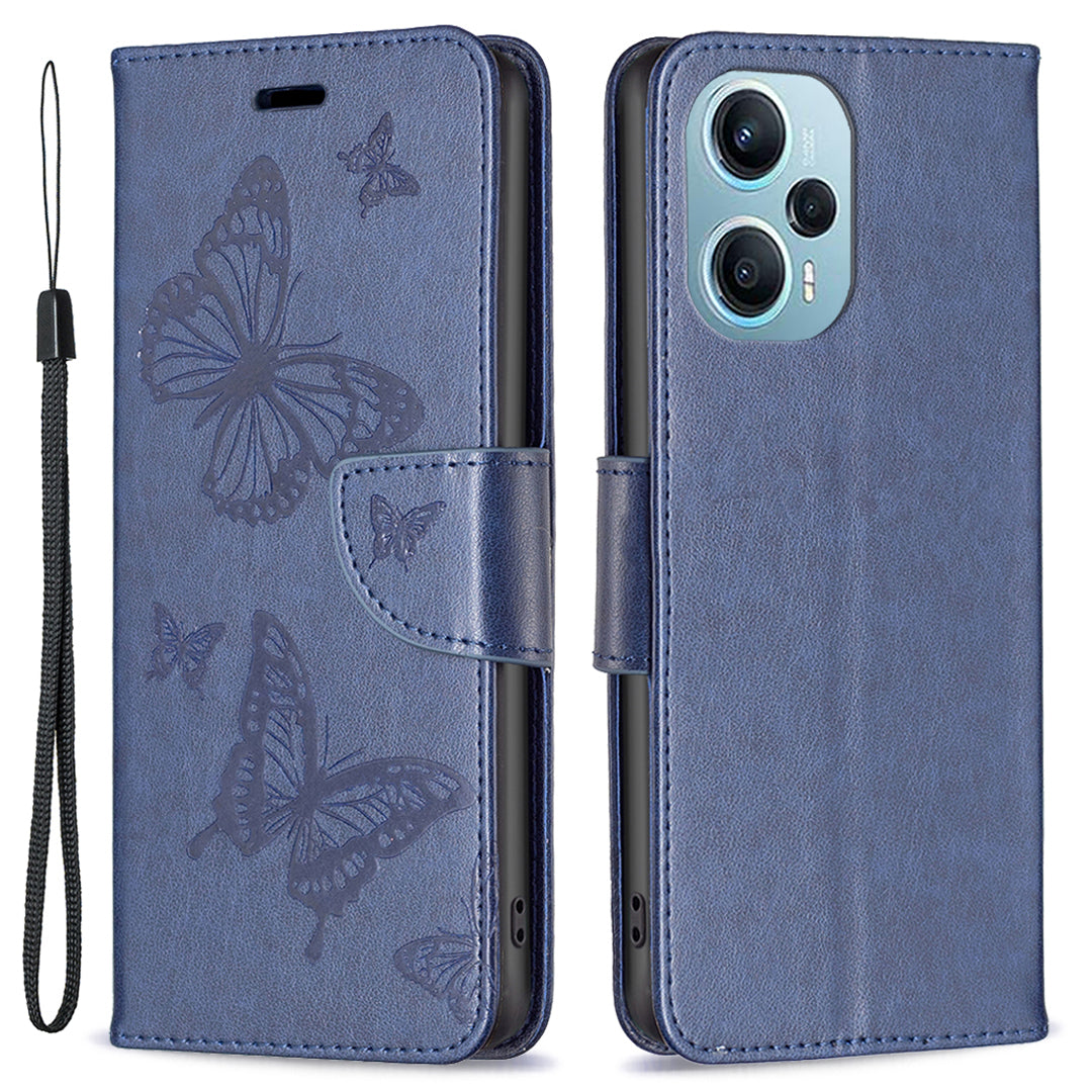For Xiaomi Poco F5 5G / Redmi Note 12 Turbo Wallet Phone Case Butterfly Imprinted Leather Flip Cover with Strap