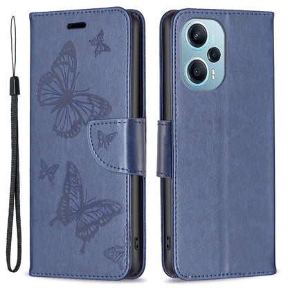 For Xiaomi Poco F5 5G / Redmi Note 12 Turbo Wallet Phone Case Butterfly Imprinted Leather Flip Cover with Strap