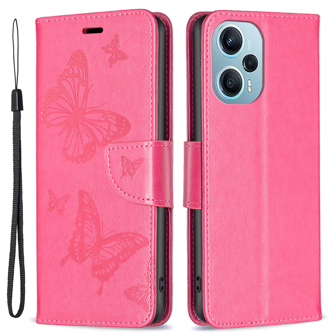 For Xiaomi Poco F5 5G / Redmi Note 12 Turbo Wallet Phone Case Butterfly Imprinted Leather Flip Cover with Strap