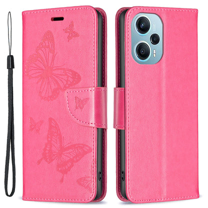 For Xiaomi Poco F5 5G / Redmi Note 12 Turbo Wallet Phone Case Butterfly Imprinted Leather Flip Cover with Strap