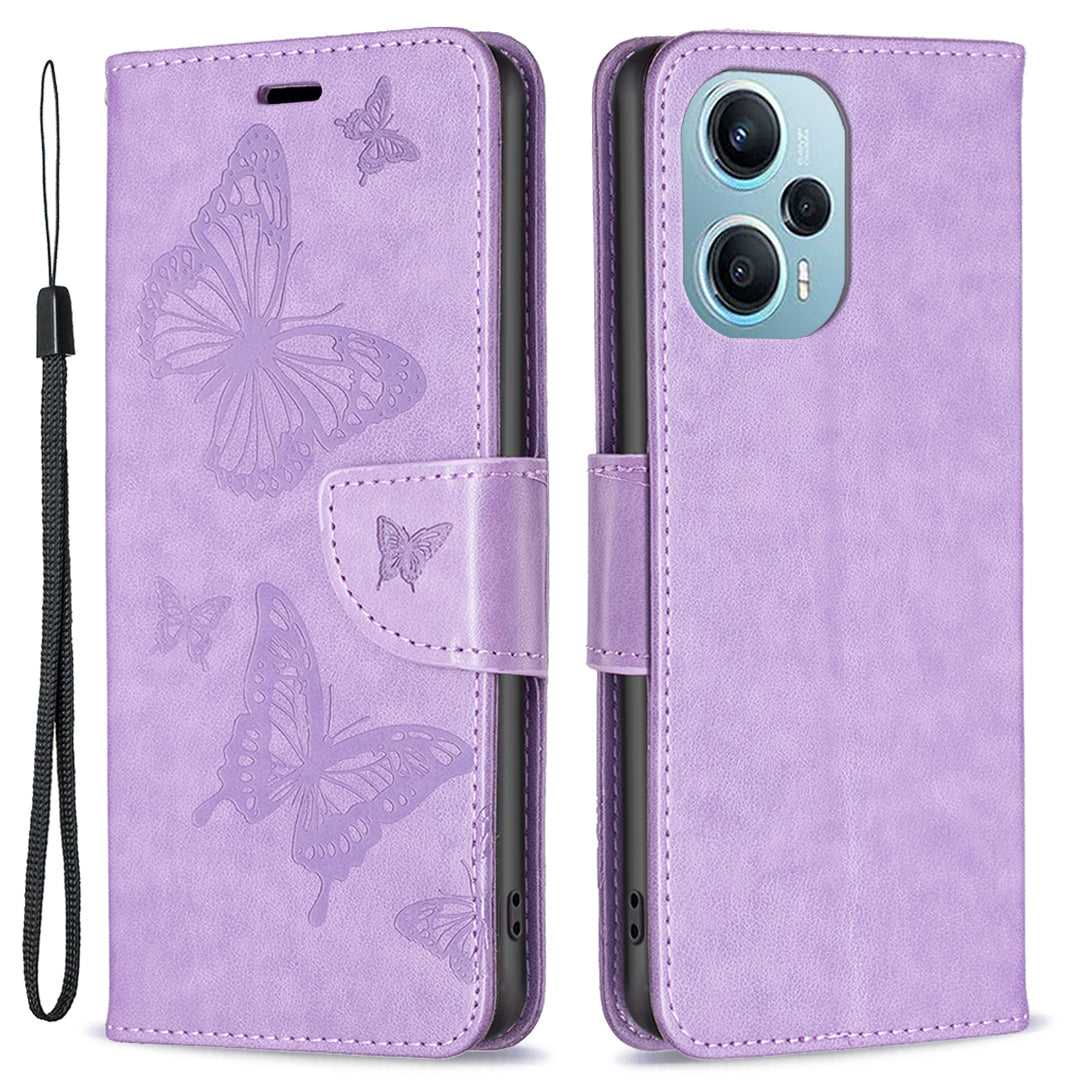 For Xiaomi Poco F5 5G / Redmi Note 12 Turbo Wallet Phone Case Butterfly Imprinted Leather Flip Cover with Strap