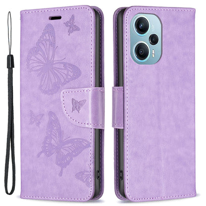 For Xiaomi Poco F5 5G / Redmi Note 12 Turbo Wallet Phone Case Butterfly Imprinted Leather Flip Cover with Strap