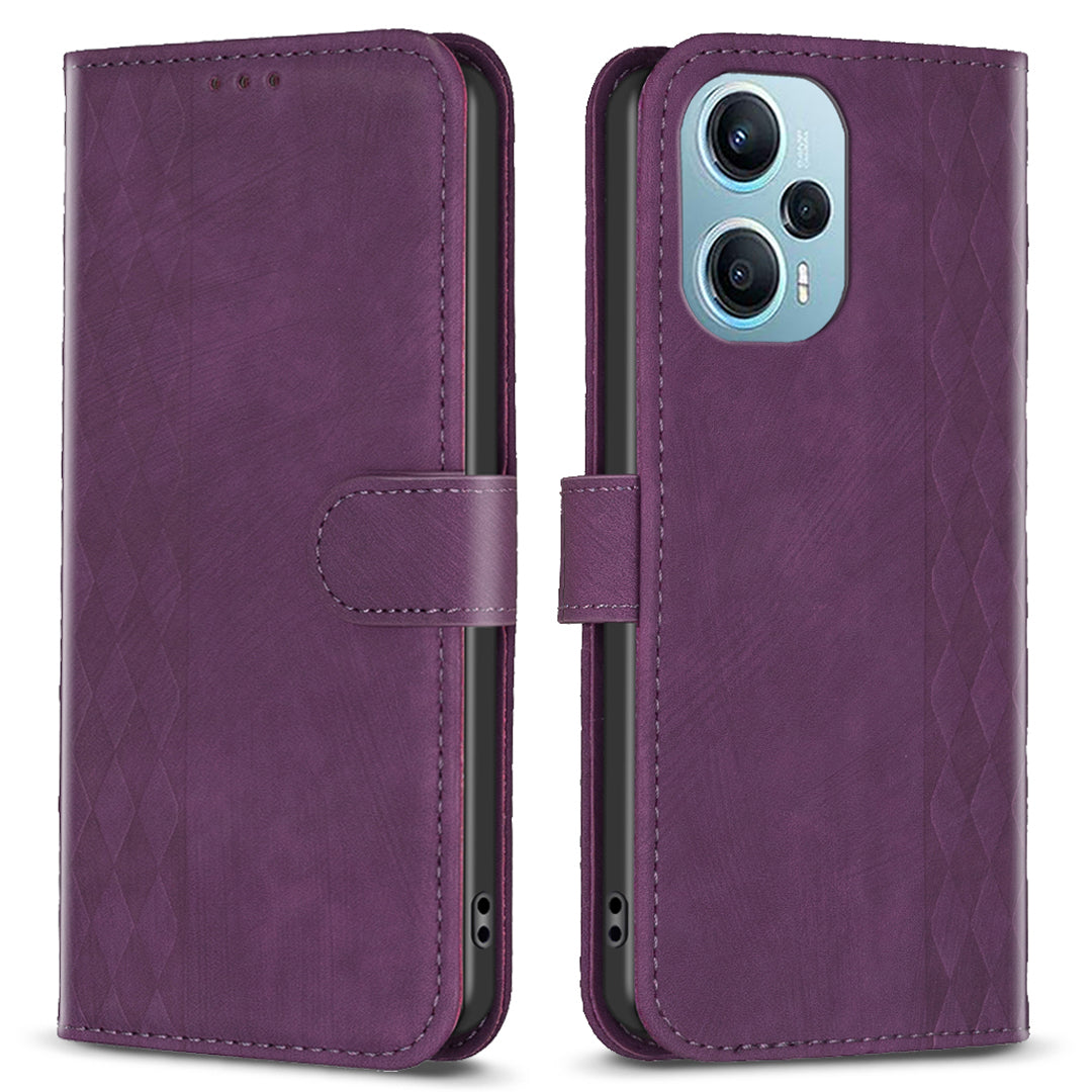 For Xiaomi Poco F5 5G / Redmi Note 12 Turbo Phone Cover Grid Pattern Imprinted Stand Wallet PU Leather Phone Case