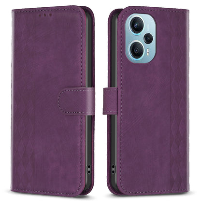 For Xiaomi Poco F5 5G / Redmi Note 12 Turbo Phone Cover Grid Pattern Imprinted Stand Wallet PU Leather Phone Case