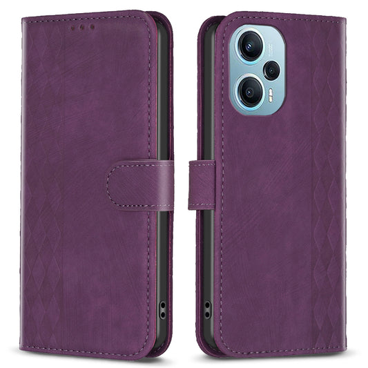 For Xiaomi Poco F5 5G / Redmi Note 12 Turbo Phone Cover Grid Pattern Imprinted Stand Wallet PU Leather Phone Case