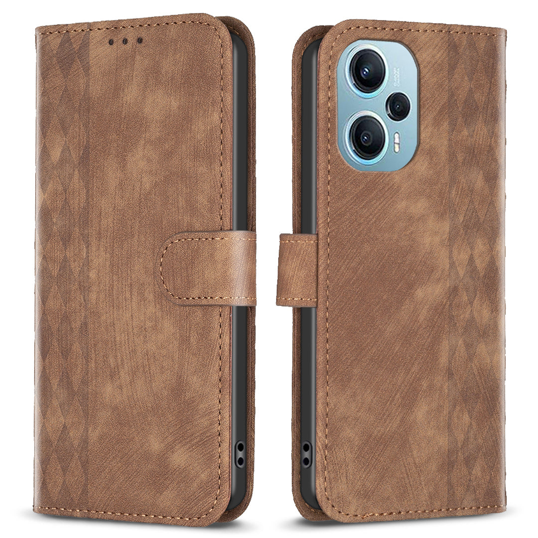 For Xiaomi Poco F5 5G / Redmi Note 12 Turbo Phone Cover Grid Pattern Imprinted Stand Wallet PU Leather Phone Case