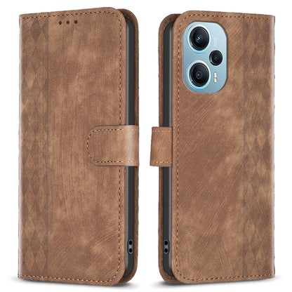For Xiaomi Poco F5 5G / Redmi Note 12 Turbo Phone Cover Grid Pattern Imprinted Stand Wallet PU Leather Phone Case
