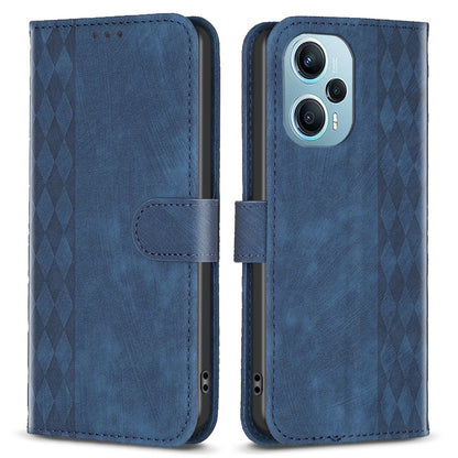 For Xiaomi Poco F5 5G / Redmi Note 12 Turbo Phone Cover Grid Pattern Imprinted Stand Wallet PU Leather Phone Case