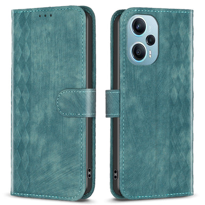 For Xiaomi Poco F5 5G / Redmi Note 12 Turbo Phone Cover Grid Pattern Imprinted Stand Wallet PU Leather Phone Case