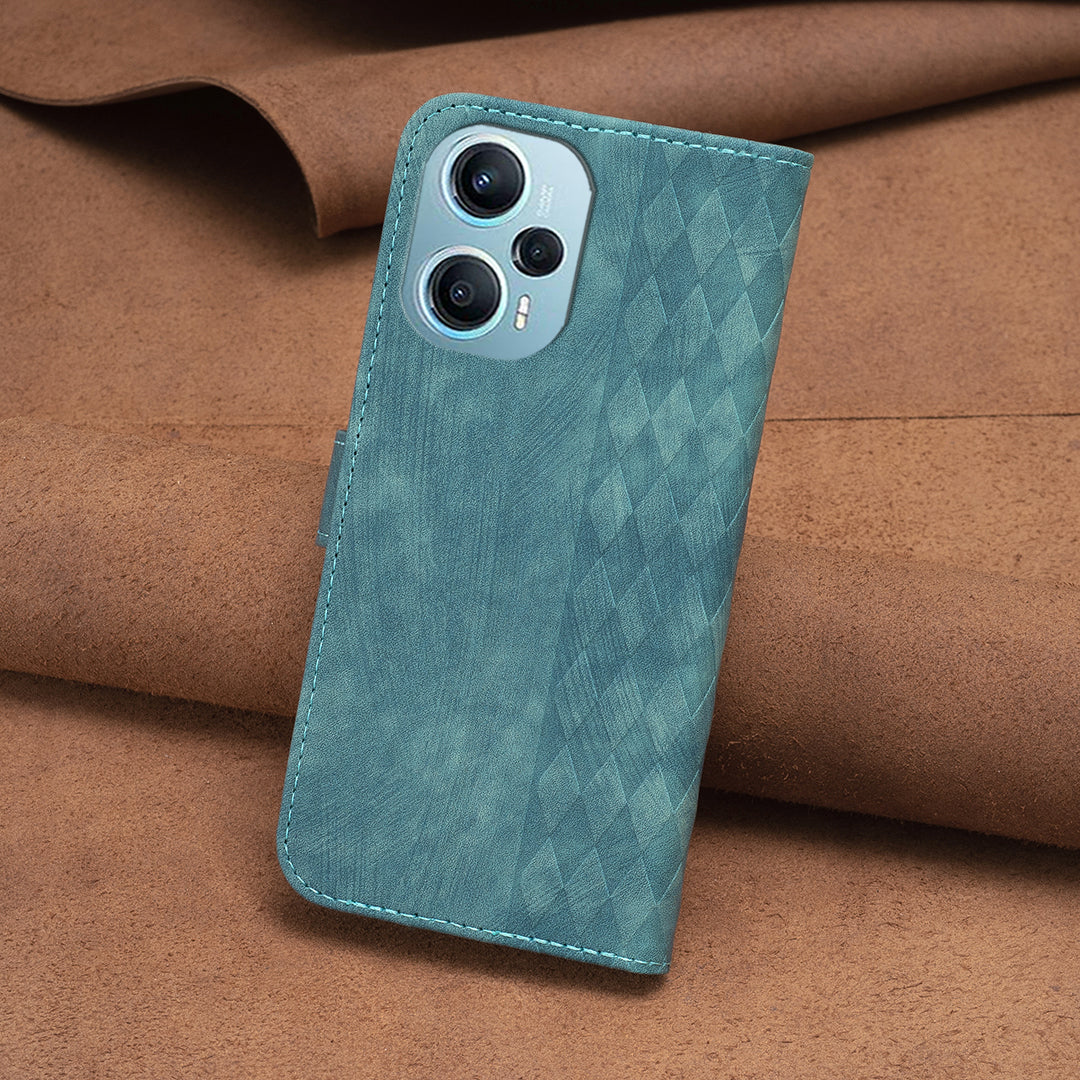 For Xiaomi Poco F5 5G / Redmi Note 12 Turbo Phone Cover Grid Pattern Imprinted Stand Wallet PU Leather Phone Case