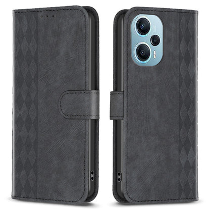 For Xiaomi Poco F5 5G / Redmi Note 12 Turbo Phone Cover Grid Pattern Imprinted Stand Wallet PU Leather Phone Case