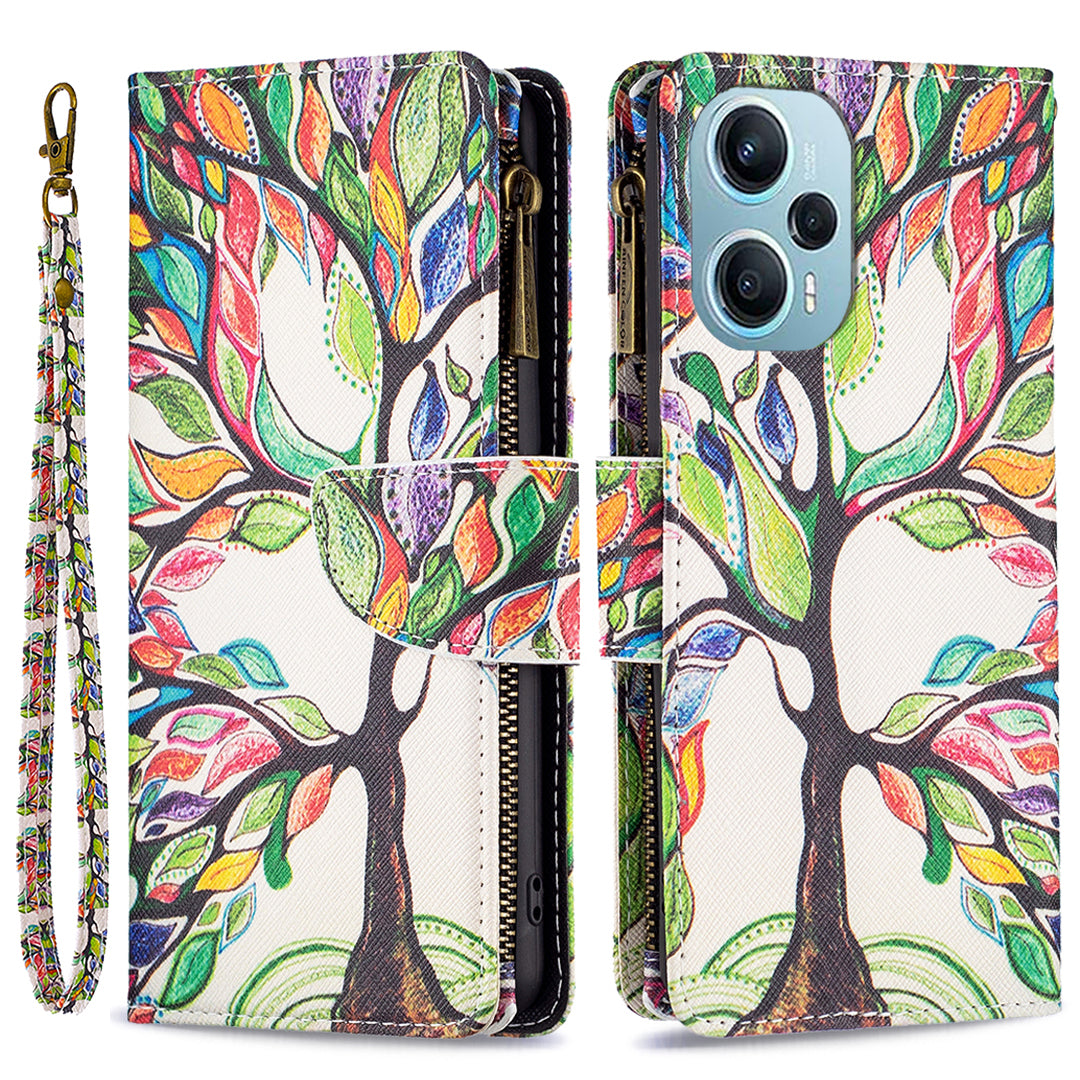 For Xiaomi Poco F5 5G / Redmi Note 12 Turbo BF03 Leather Wallet Stand Phone Case Zipper Pocket Pattern Printing Cover