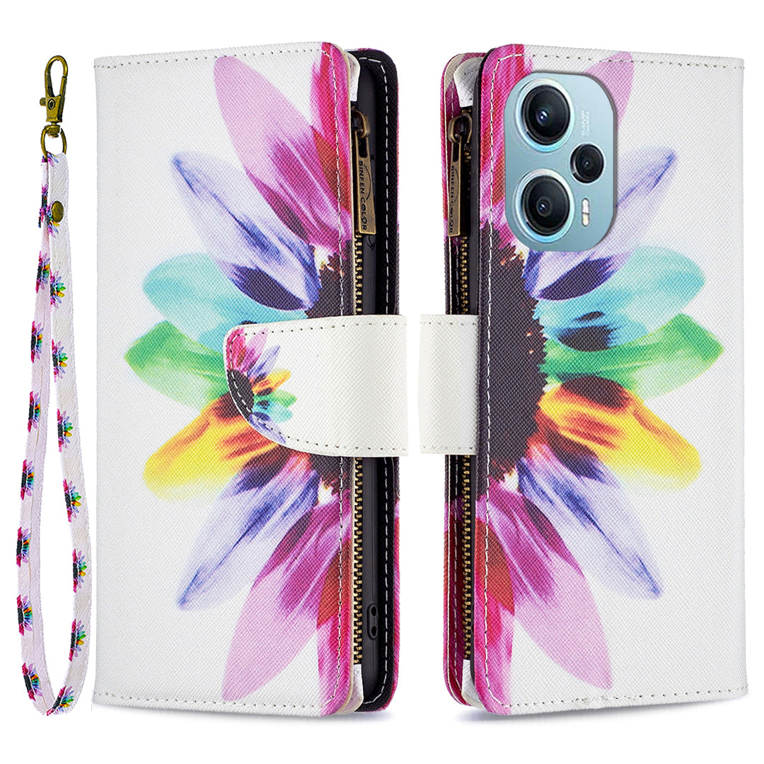 For Xiaomi Poco F5 5G / Redmi Note 12 Turbo BF03 Leather Wallet Stand Phone Case Zipper Pocket Pattern Printing Cover