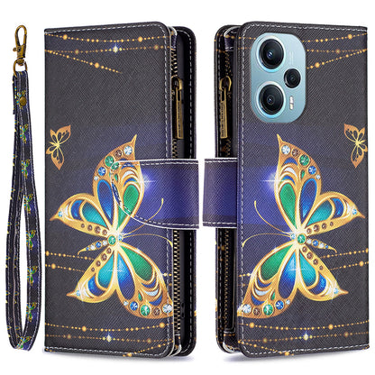 For Xiaomi Poco F5 5G / Redmi Note 12 Turbo BF03 Leather Wallet Stand Phone Case Zipper Pocket Pattern Printing Cover