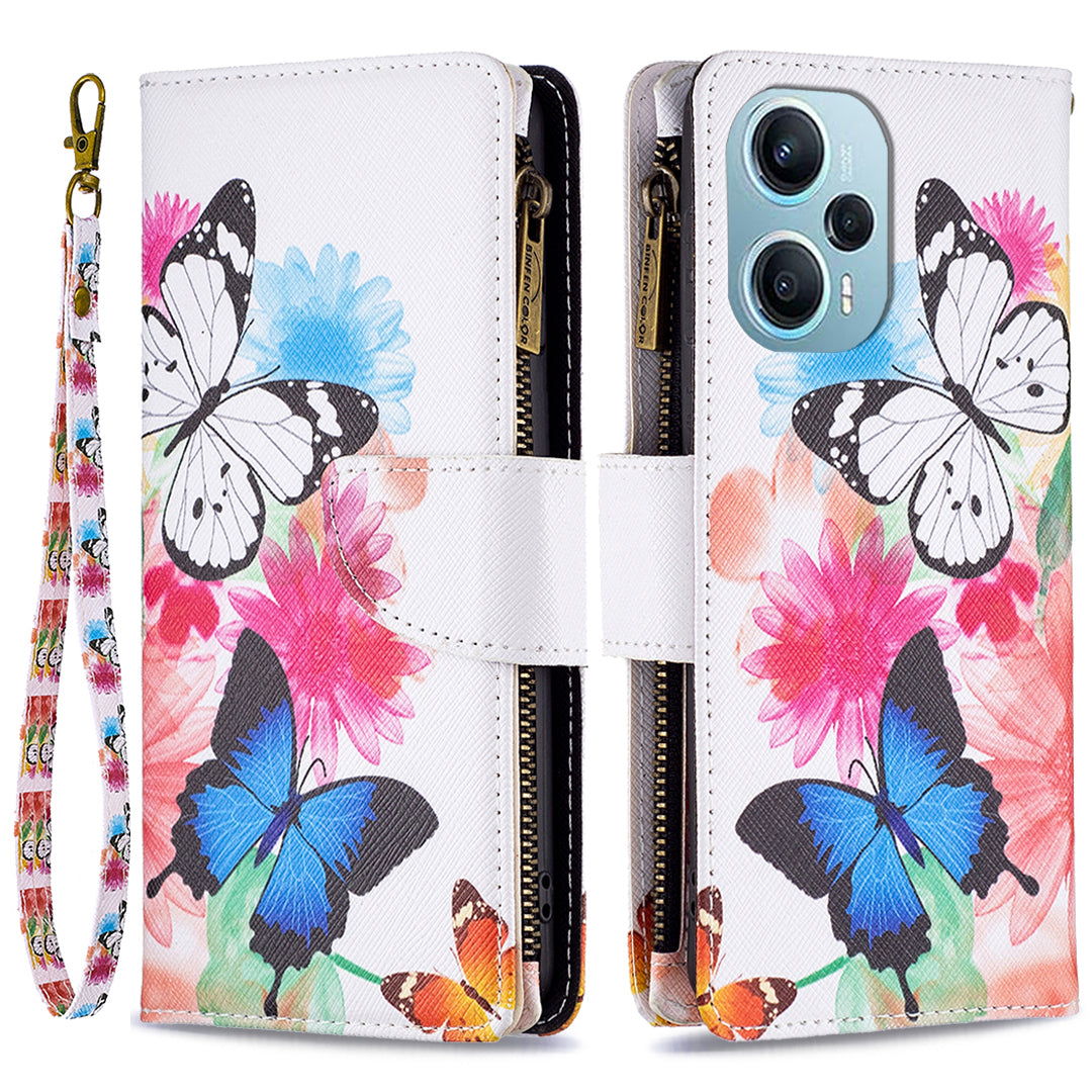 For Xiaomi Poco F5 5G / Redmi Note 12 Turbo BF03 Leather Wallet Stand Phone Case Zipper Pocket Pattern Printing Cover