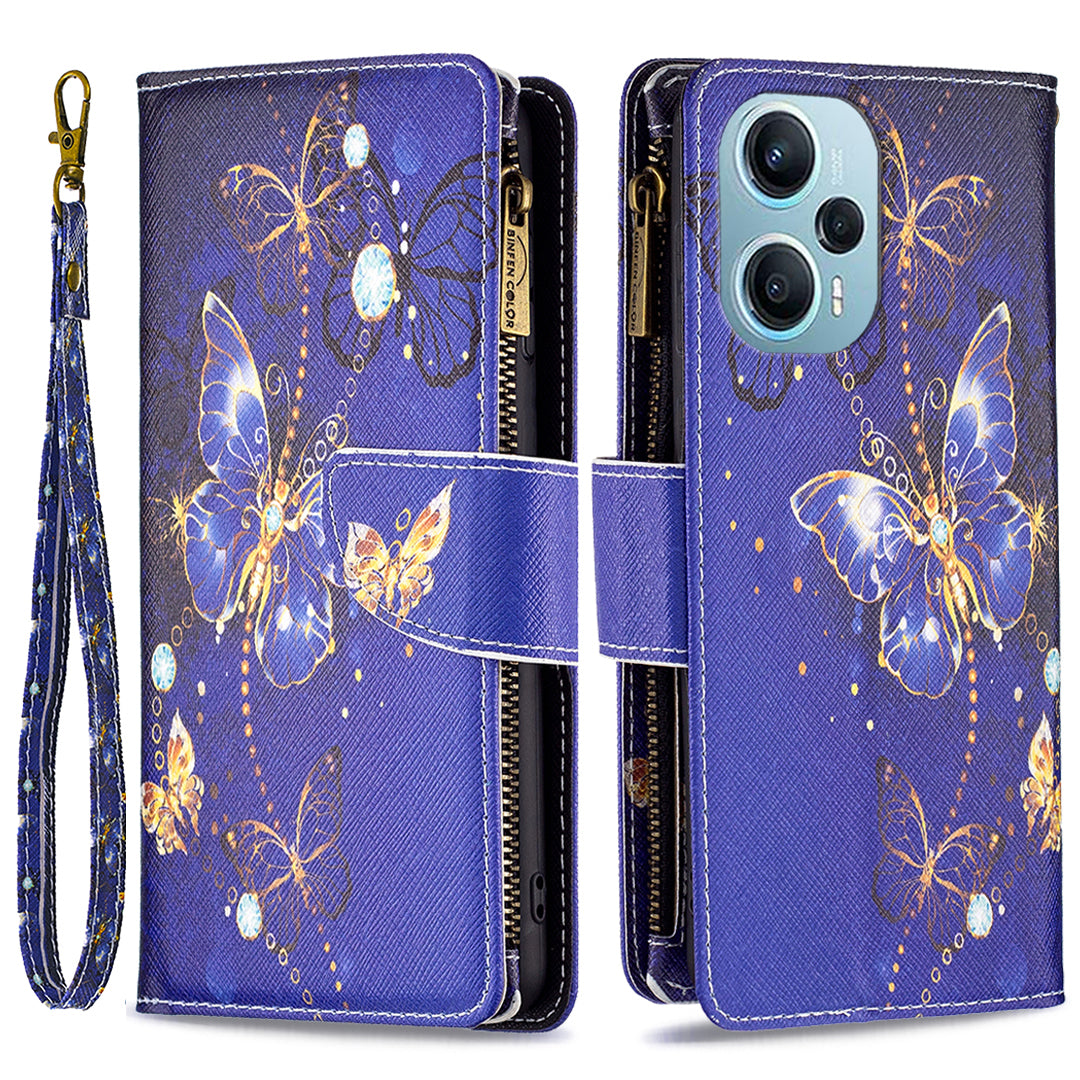 For Xiaomi Poco F5 5G / Redmi Note 12 Turbo BF03 Leather Wallet Stand Phone Case Zipper Pocket Pattern Printing Cover