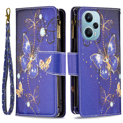 For Xiaomi Poco F5 5G / Redmi Note 12 Turbo BF03 Leather Wallet Stand Phone Case Zipper Pocket Pattern Printing Cover