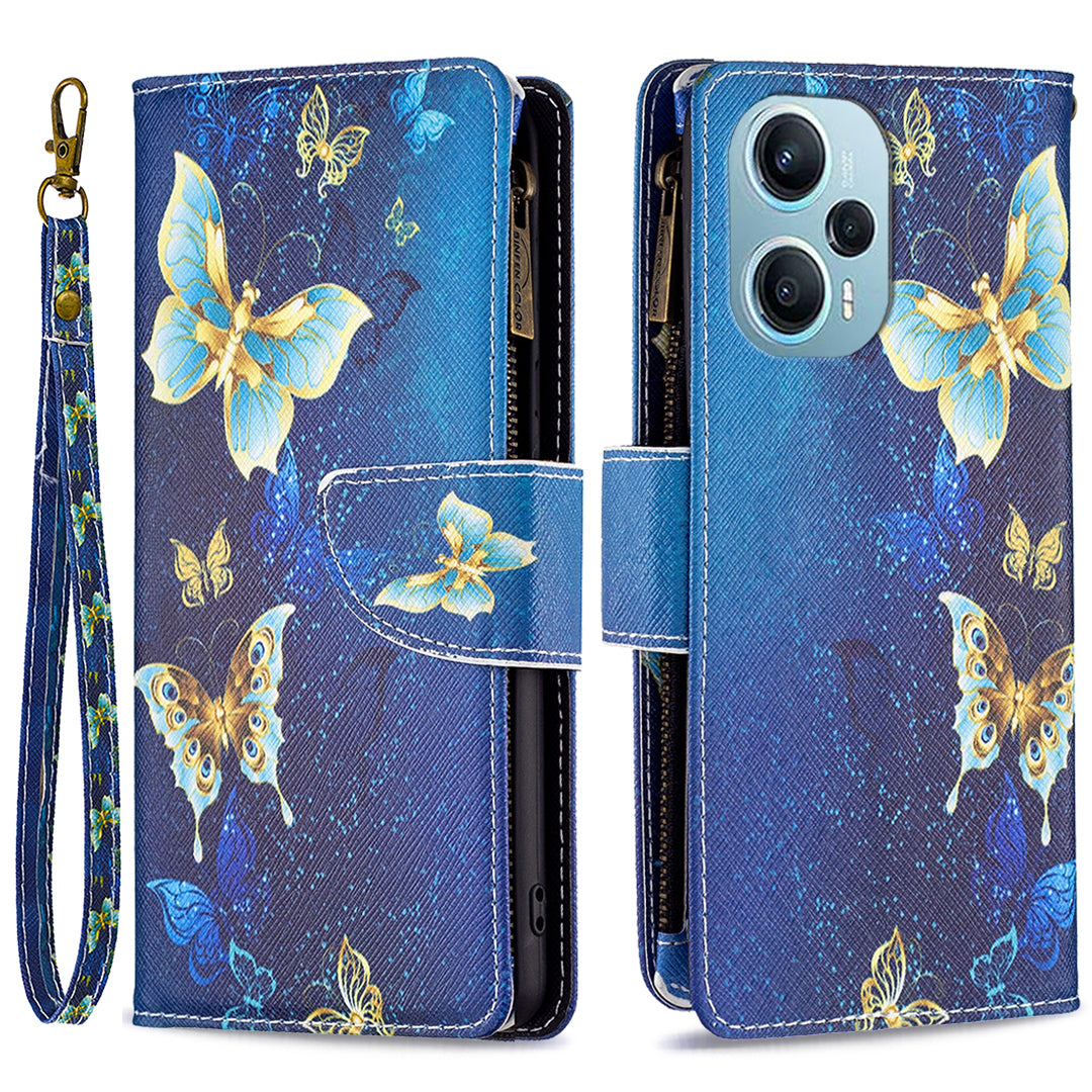For Xiaomi Poco F5 5G / Redmi Note 12 Turbo BF03 Leather Wallet Stand Phone Case Zipper Pocket Pattern Printing Cover