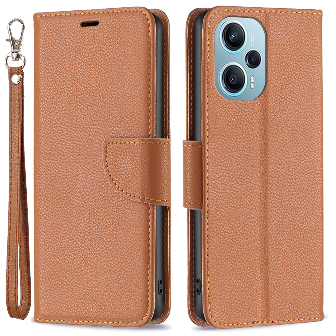 Phone Cover for Xiaomi Poco F5 5G / Redmi Note 12 Turbo , Wallet PU Leather Litchi Texture Flip Stand Phone Case with Strap