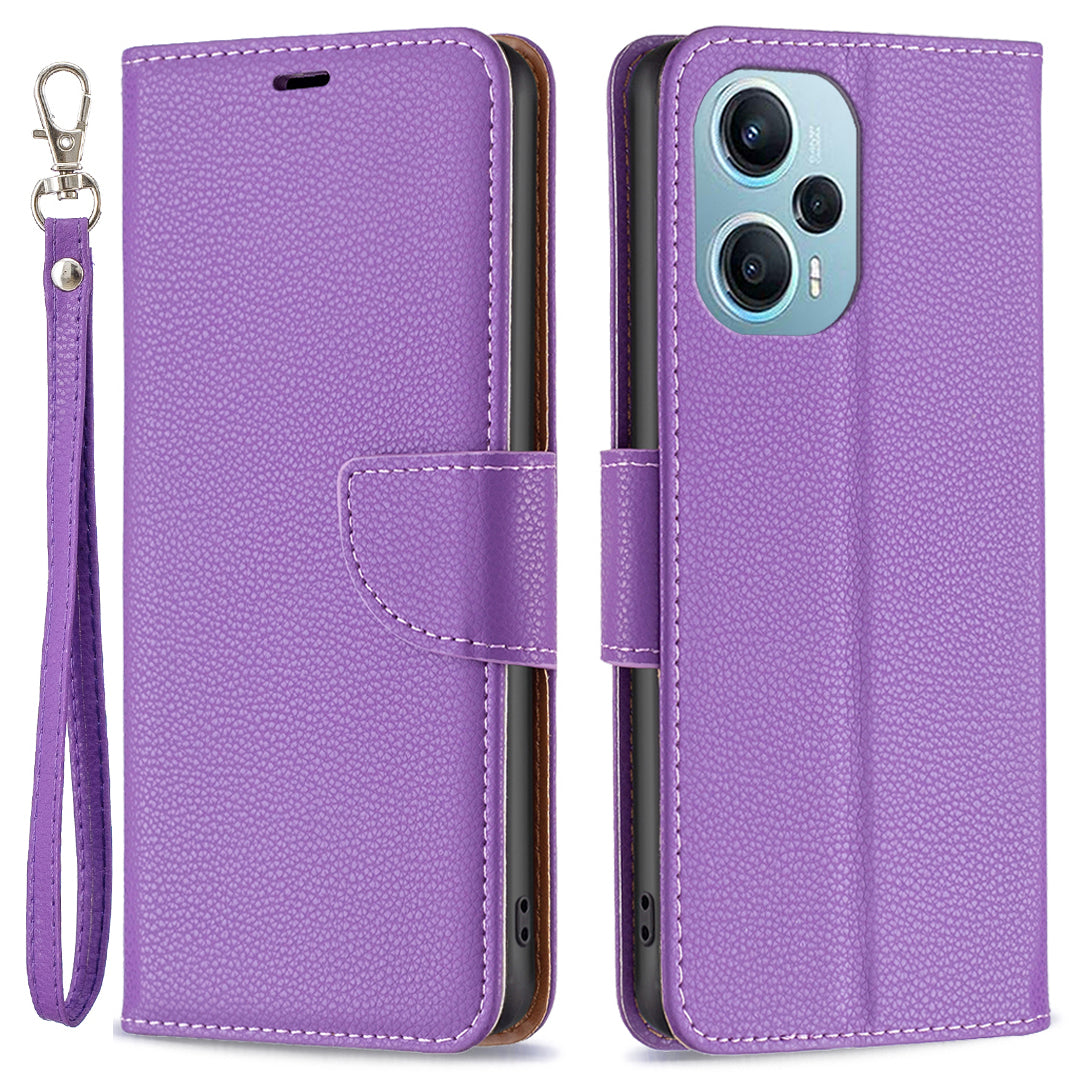 Phone Cover for Xiaomi Poco F5 5G / Redmi Note 12 Turbo , Wallet PU Leather Litchi Texture Flip Stand Phone Case with Strap
