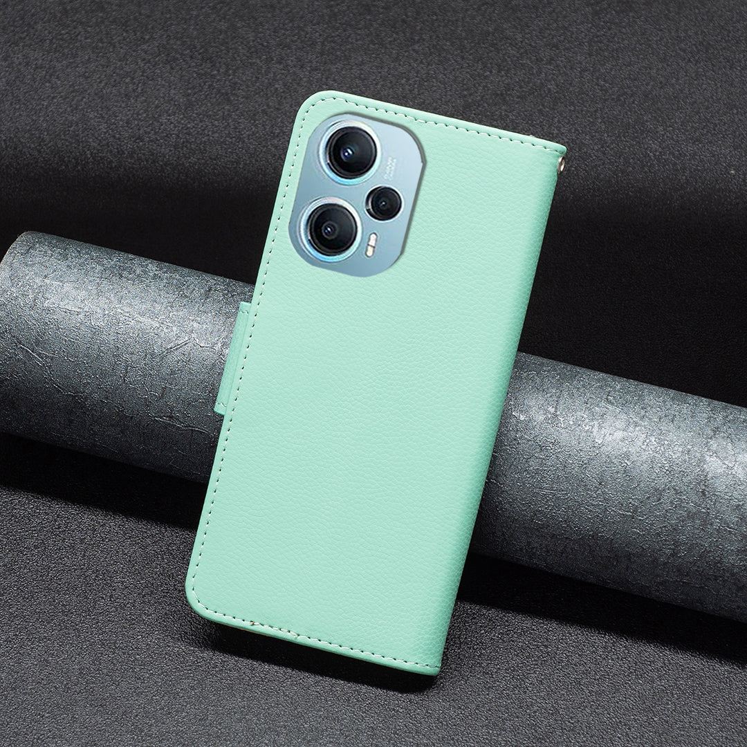 Phone Cover for Xiaomi Poco F5 5G / Redmi Note 12 Turbo , Wallet PU Leather Litchi Texture Flip Stand Phone Case with Strap