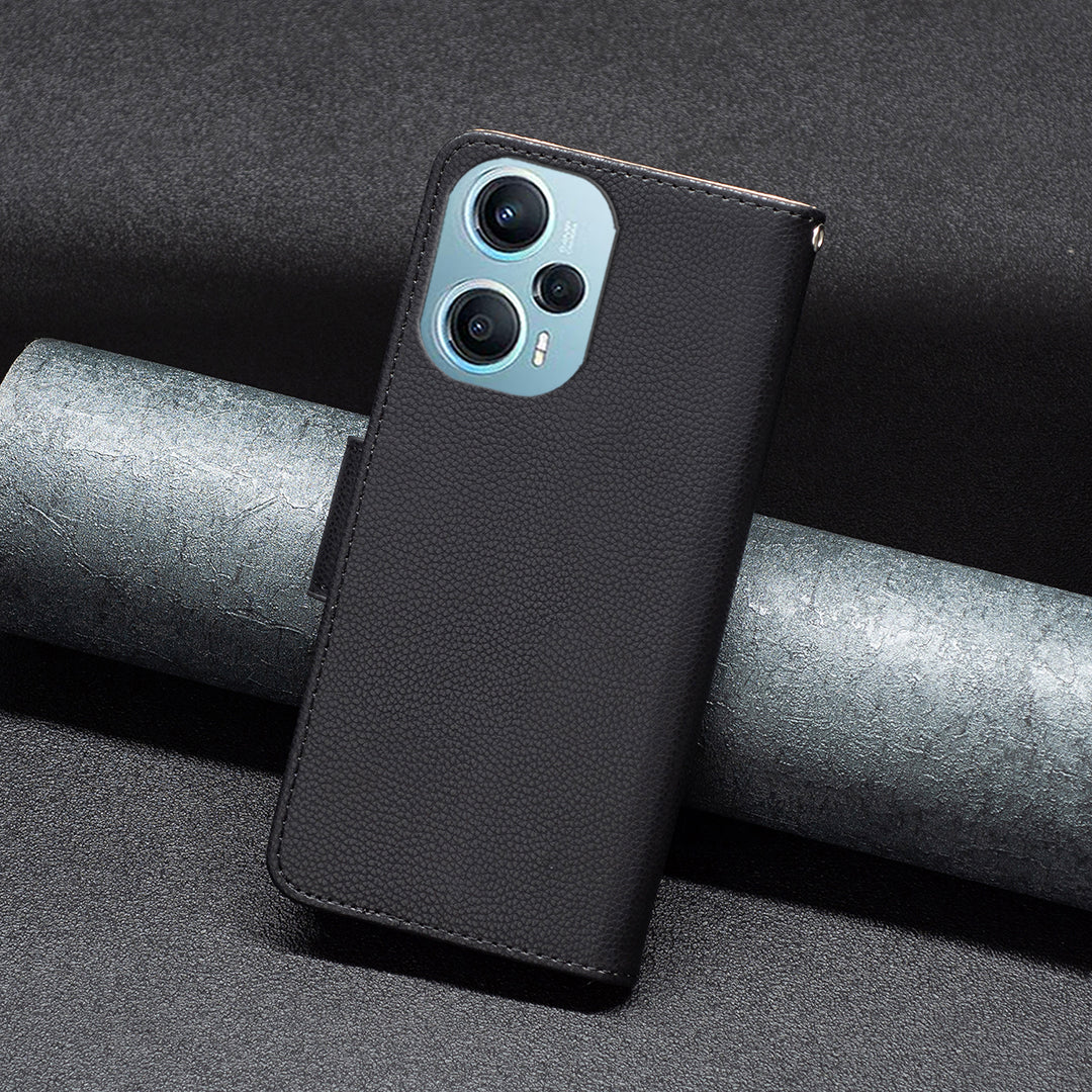 Phone Cover for Xiaomi Poco F5 5G / Redmi Note 12 Turbo , Wallet PU Leather Litchi Texture Flip Stand Phone Case with Strap