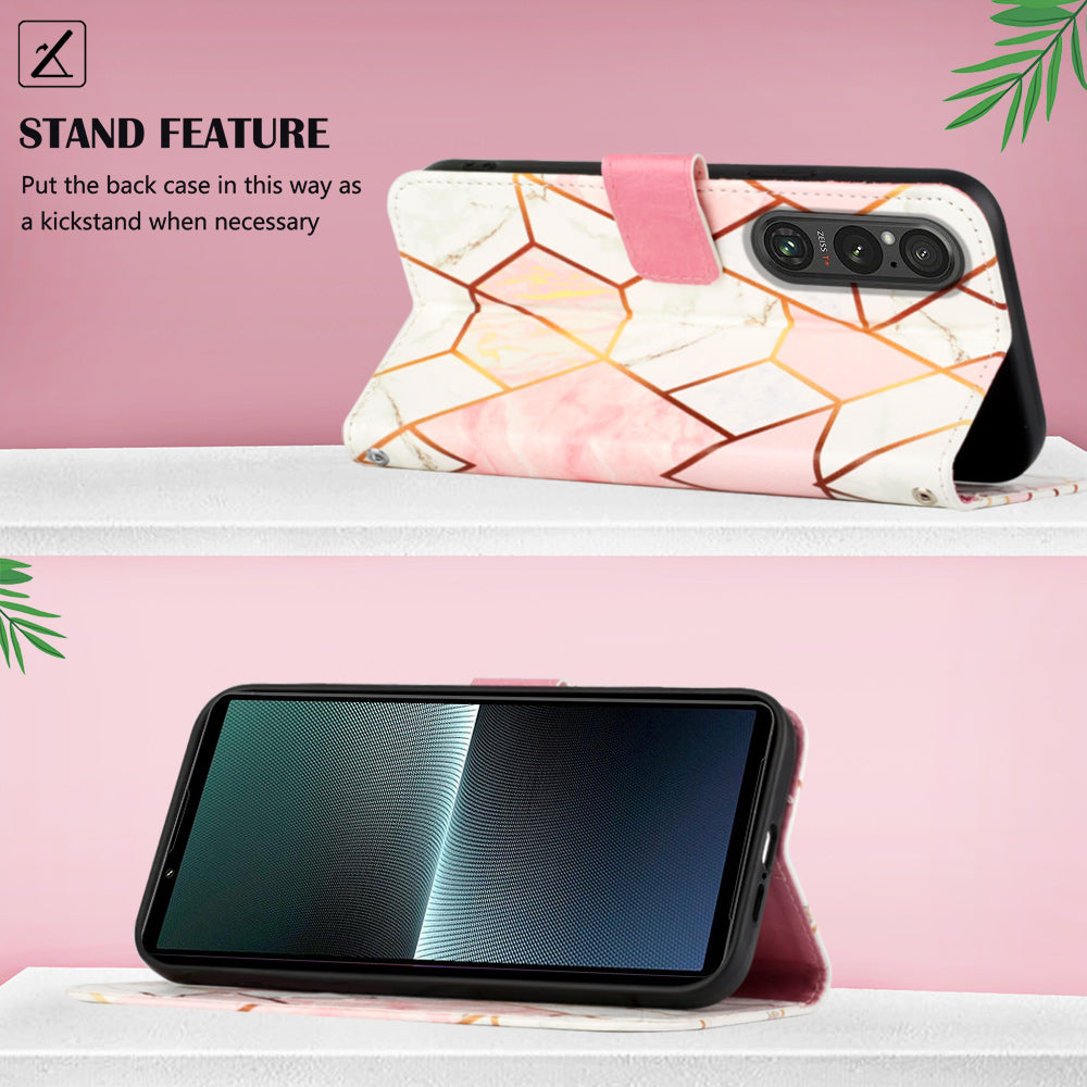 YB Pattern Printing Leather Series-5 for Sony Xperia 1 V Leather Phone Case Marble Pattern Wallet Stand Cover