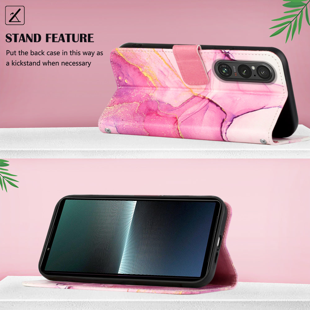 YB Pattern Printing Leather Series-5 for Sony Xperia 1 V Leather Phone Case Marble Pattern Wallet Stand Cover