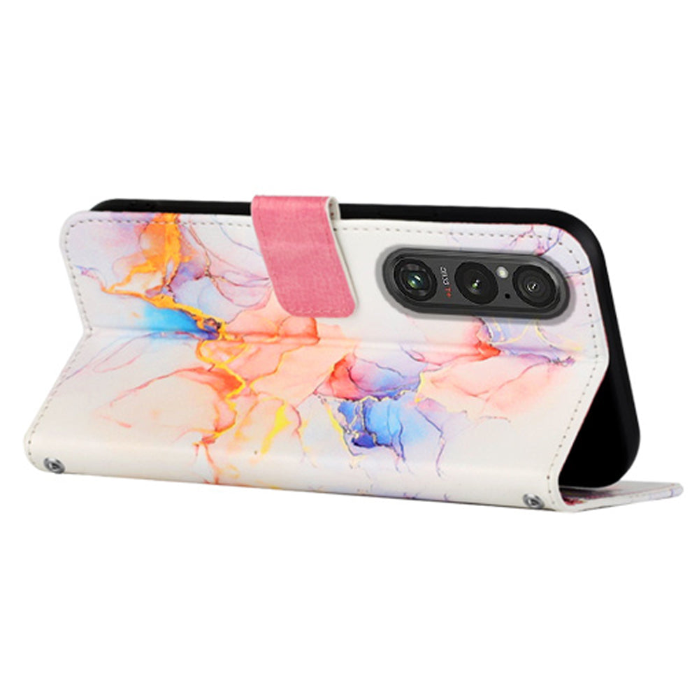 YB Pattern Printing Leather Series-5 for Sony Xperia 1 V Leather Phone Case Marble Pattern Wallet Stand Cover