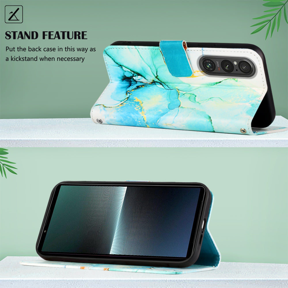 YB Pattern Printing Leather Series-5 for Sony Xperia 1 V Leather Phone Case Marble Pattern Wallet Stand Cover