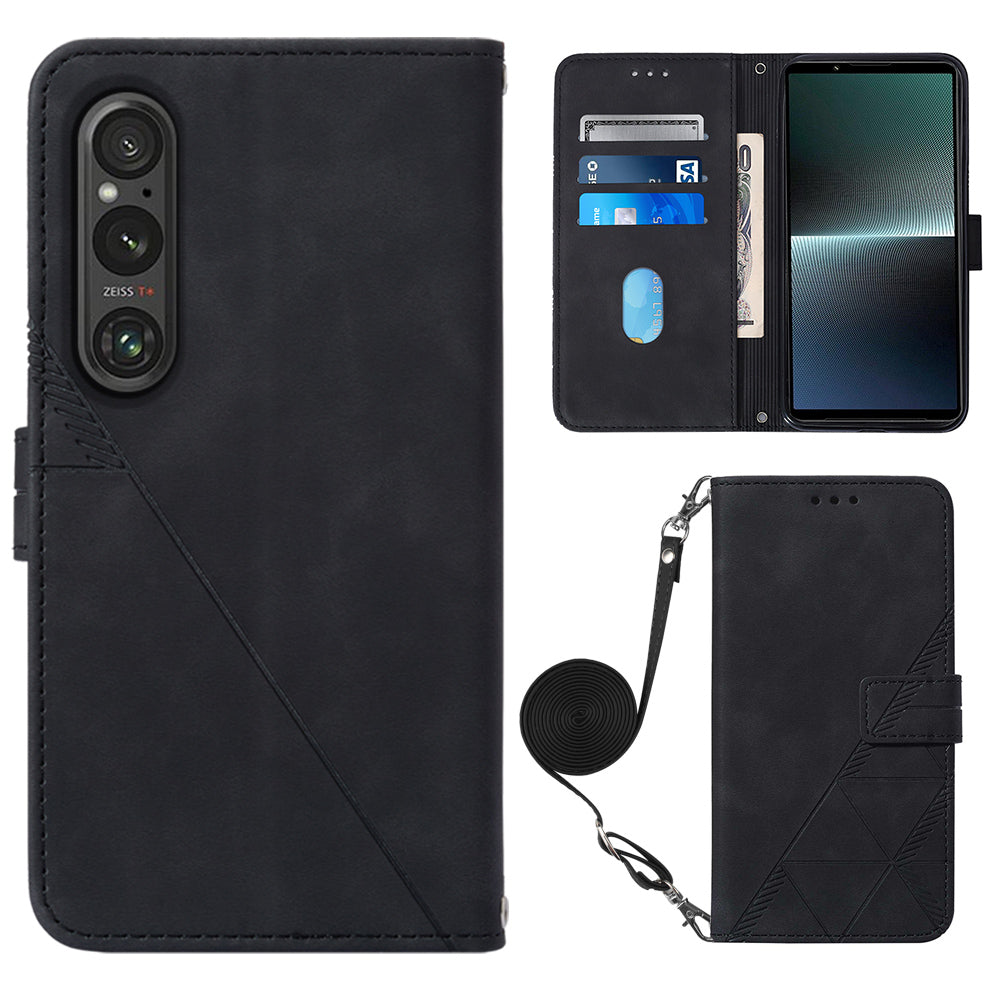 YB Imprinting Series-2 For Sony Xperia 1 V Leather Phone Case Wallet Stand Cover with Shoulder Strap