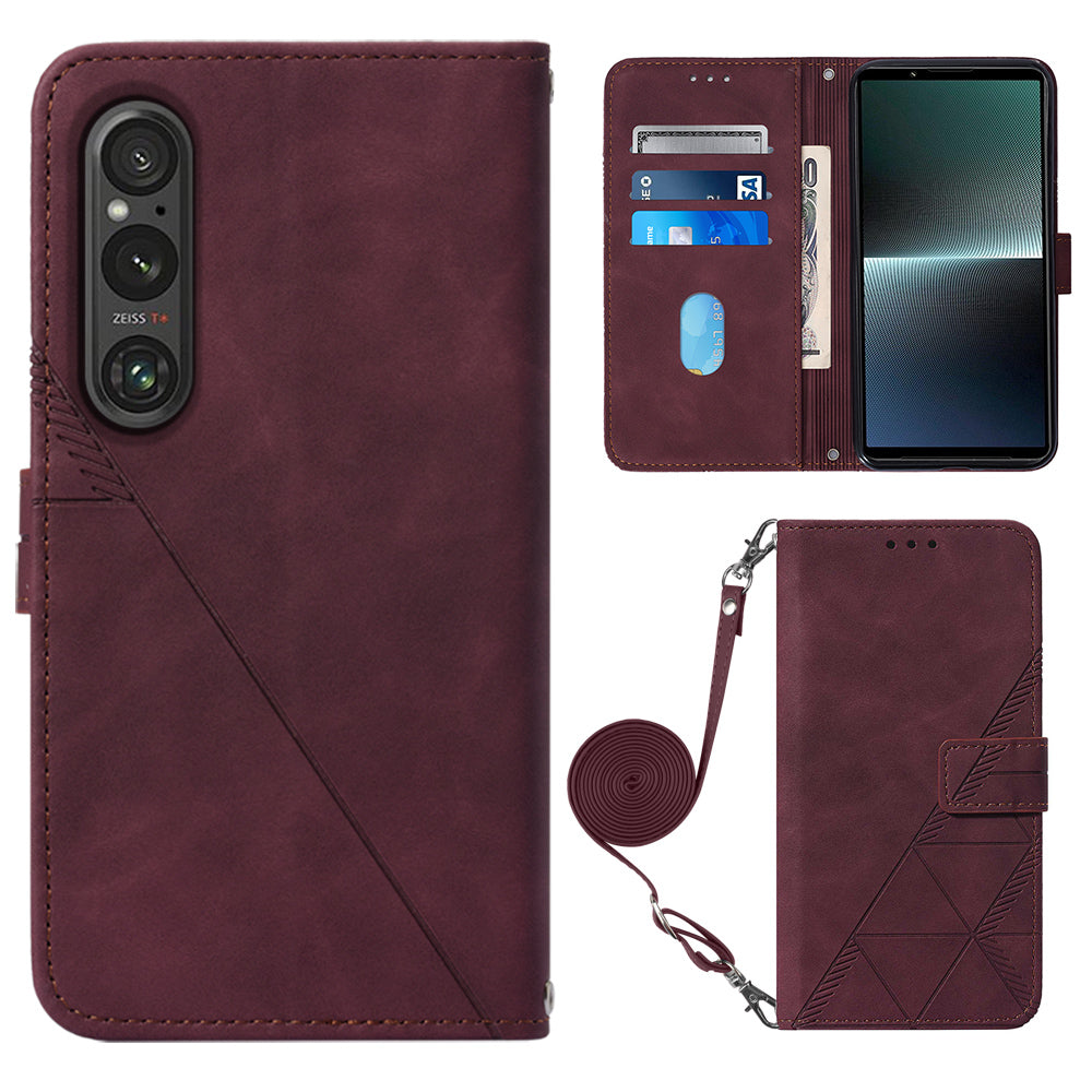 YB Imprinting Series-2 For Sony Xperia 1 V Leather Phone Case Wallet Stand Cover with Shoulder Strap