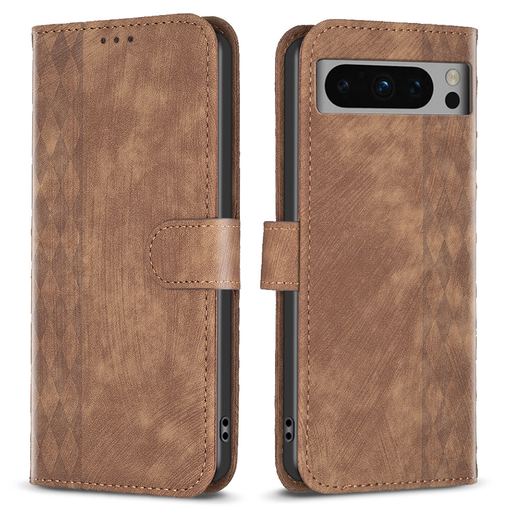 For Google Pixel 8 Pro PU Leather Phone Case Grid Pattern Imprinted Phone Cover with Stand Wallet