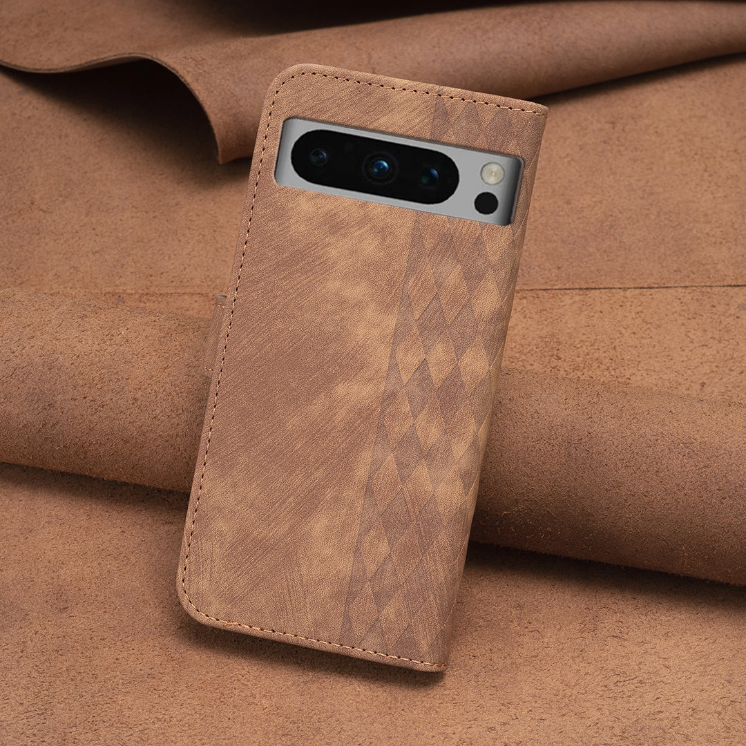 For Google Pixel 8 Pro PU Leather Phone Case Grid Pattern Imprinted Phone Cover with Stand Wallet