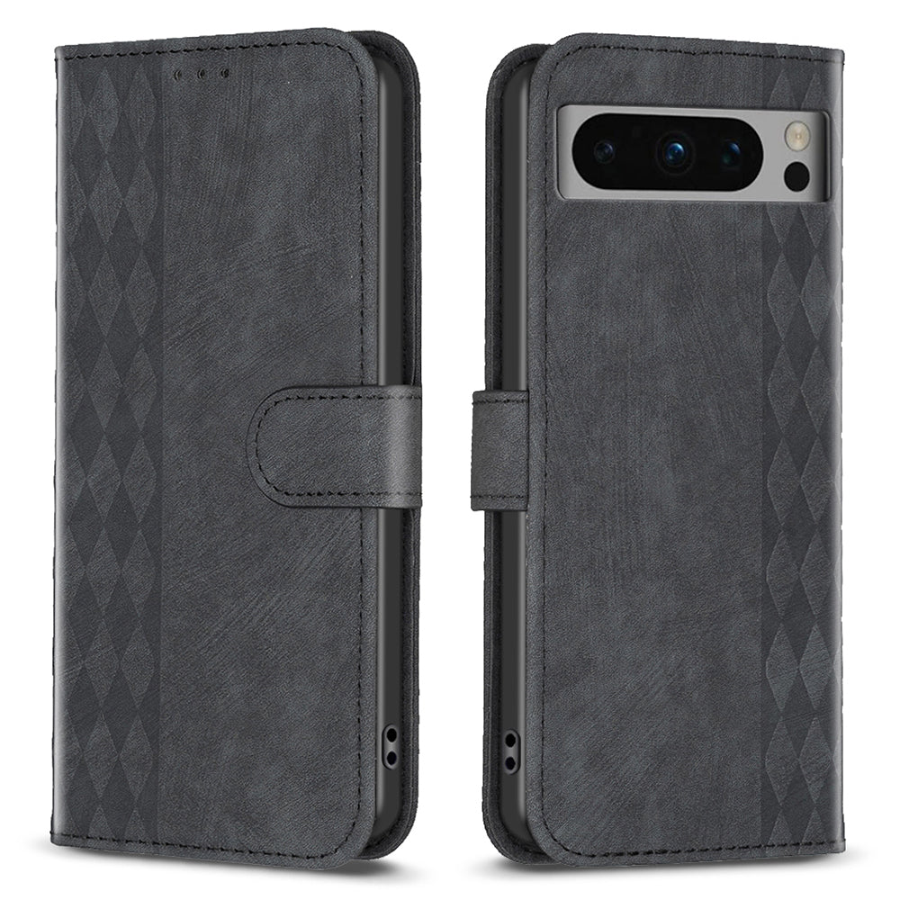 For Google Pixel 8 Pro PU Leather Phone Case Grid Pattern Imprinted Phone Cover with Stand Wallet