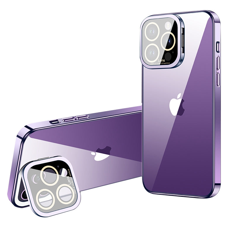 VOERO For iPhone 12 Pro Electroplating TPU Phone Case Glass Camera Film Kickstand Back Cover