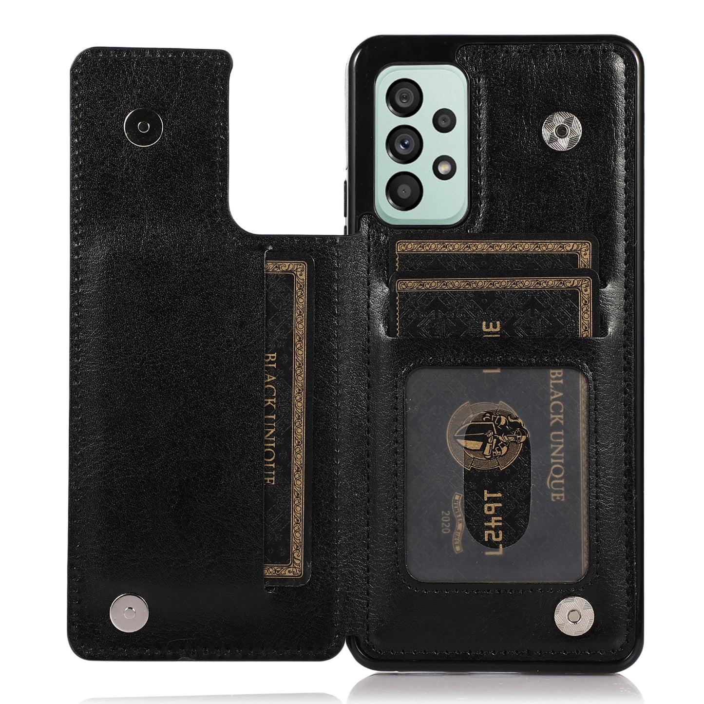 For Samsung Galaxy A73 5G Dual Buttons Card Holder Kickstand Smartphone Cover PU Leather Coated TPU Phone Case